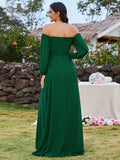 High-Slit Waist Pleated Off Shoulder Chiffon Bridesmaid Dress with Long Sleeves Mother of the Bride Dresses