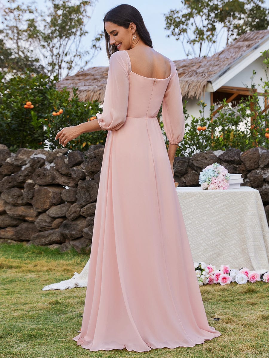 High-Slit Waist Pleated Off Shoulder Chiffon Bridesmaid Dress with Long Sleeves Mother of the Bride Dresses