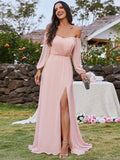 High-Slit Waist Pleated Off Shoulder Chiffon Bridesmaid Dress with Long Sleeves Mother of the Bride Dresses
