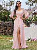 High-Slit Waist Pleated Off Shoulder Chiffon Bridesmaid Dress with Long Sleeves Mother of the Bride Dresses