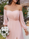High-Slit Waist Pleated Off Shoulder Chiffon Bridesmaid Dress with Long Sleeves Mother of the Bride Dresses