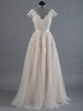 Cap Sleeve V-Neck Lace Tulle Wedding Dress With Zipper Back