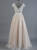 Cap Sleeve V-Neck Lace Tulle Wedding Dress With Zipper Back