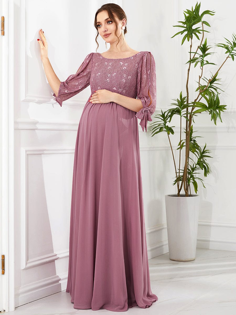 Halbarm Spitze Schlitz Ärmel A-Linie Chiffon Umstandskleid Formelle Abendkleider