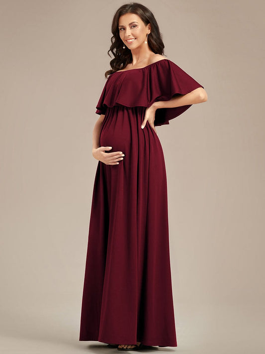 Flattering A-Line Maternity Dress with Off-Shoulder Ruffle Formal Evening Dresses Gowns