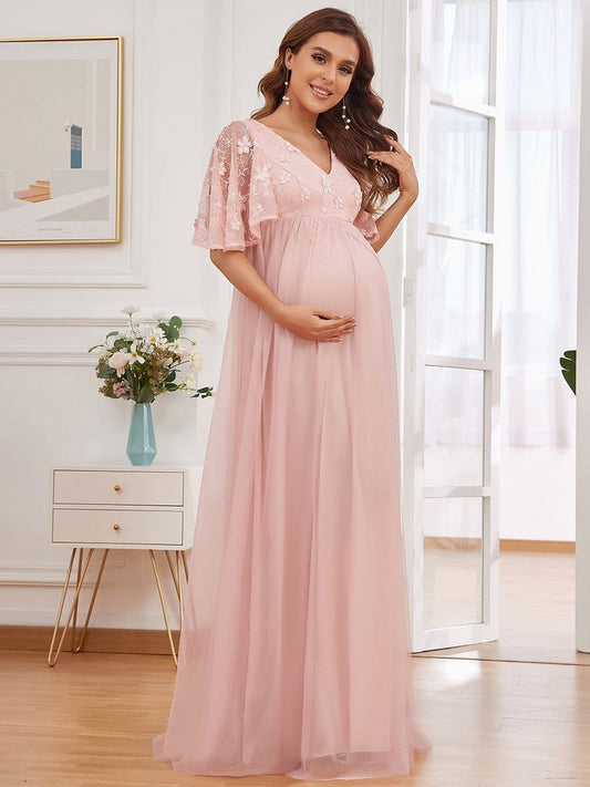 Flutter Sleeve Floor-Length Embroidery Maternity Dress Formal Evening Dresses
