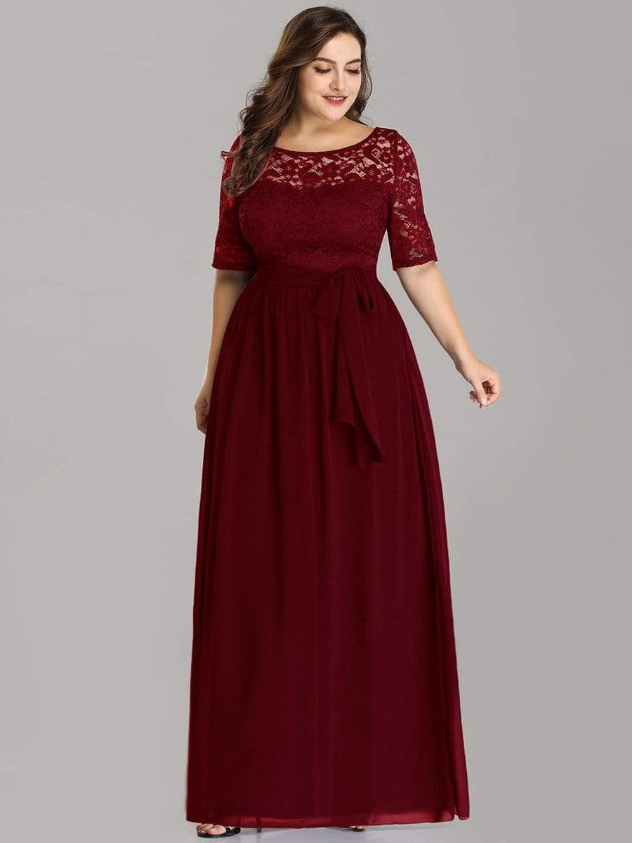 Floral Lace Plus Size Long Formal Dresses With Waistband Mother of the Bride Dresses