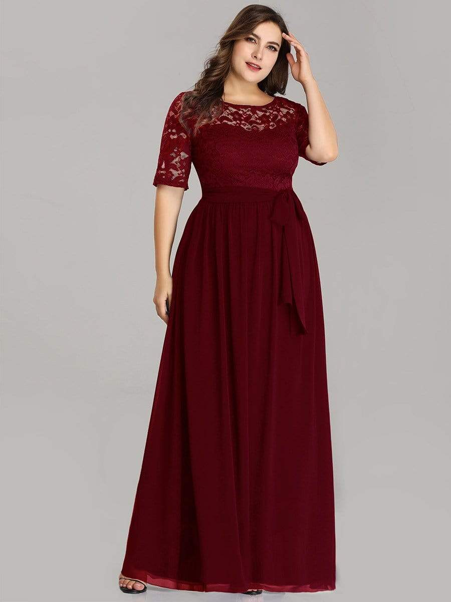 Floral Lace Plus Size Long Formal Dresses With Waistband Mother of the Bride Dresses