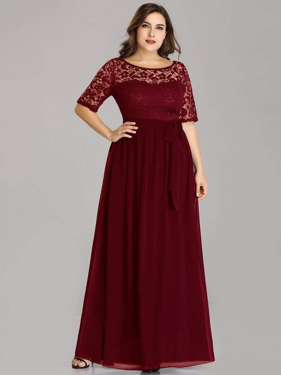 Floral Lace Plus Size Long Formal Dresses With Waistband Mother of the Bride Dresses