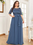 Floral Lace Plus Size Long Formal Dresses With Waistband Mother of the Bride Dresses