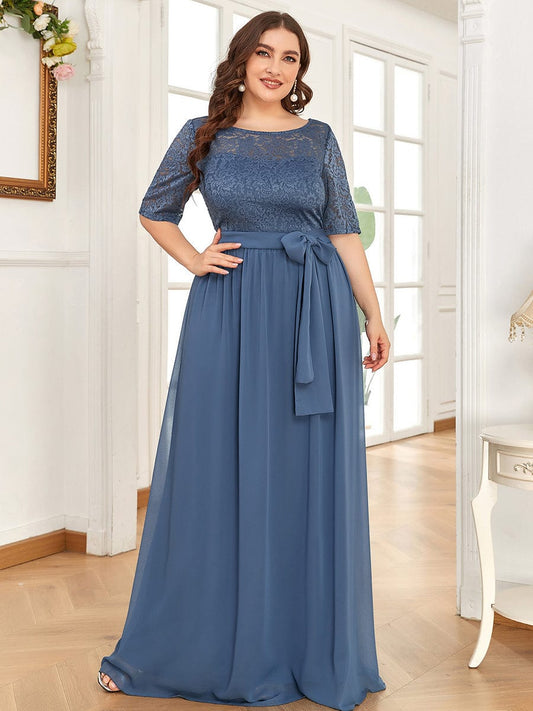 Floral Lace Plus Size Long Formal Dresses With Waistband Mother of the Bride Dresses
