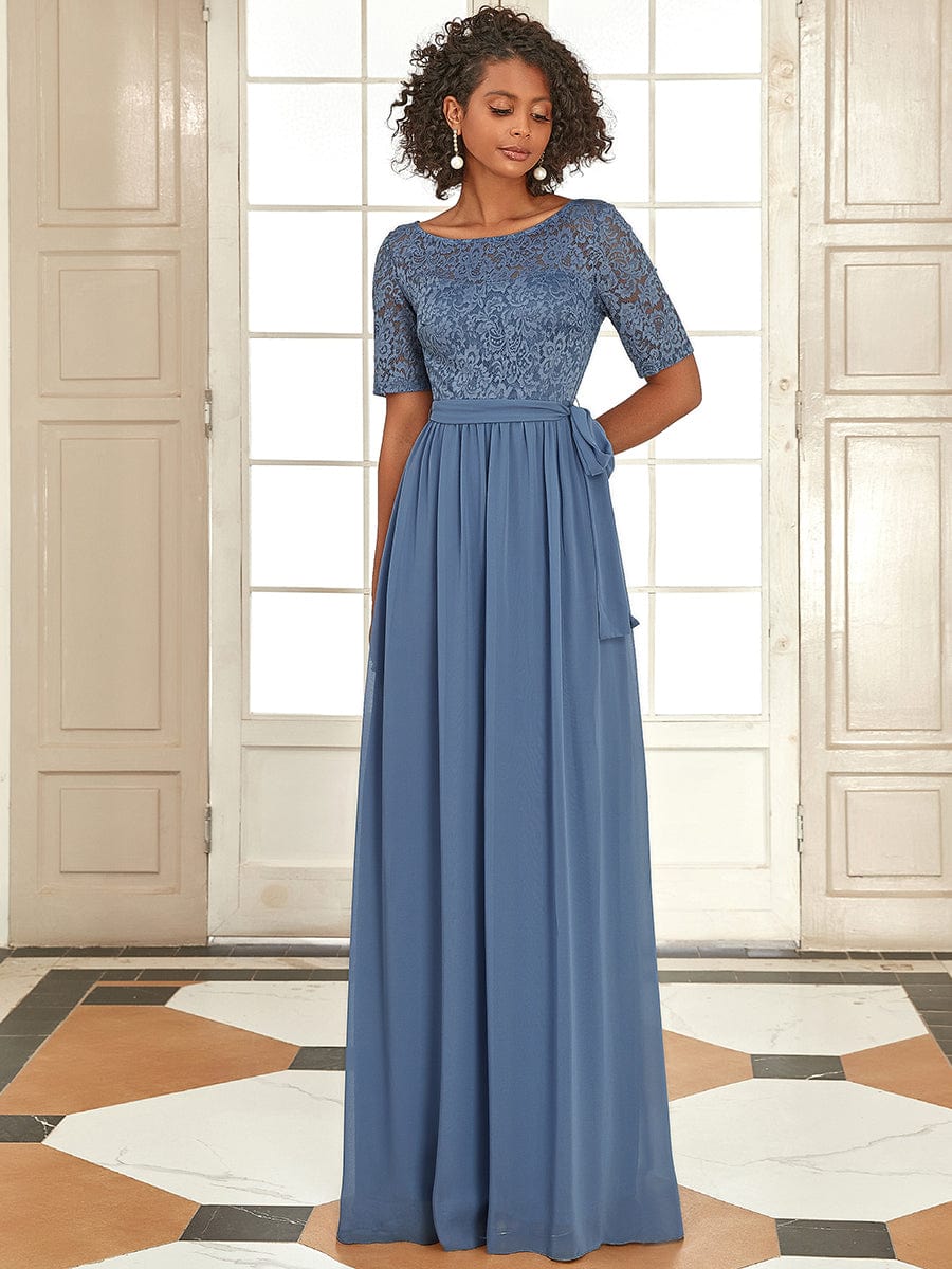 Elegant Lace Bodice Chiffon Evening Dress with Belt Formal Mother of the Bride Dresses Gowns