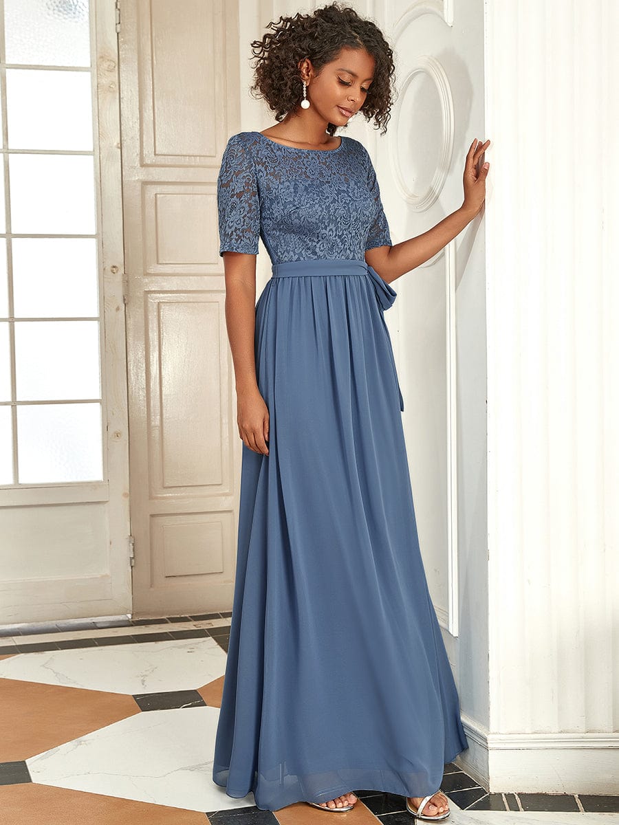 Elegant Lace Bodice Chiffon Evening Dress with Belt Formal Mother of the Bride Dresses Gowns