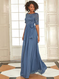 Elegant Lace Bodice Chiffon Evening Dress with Belt Formal Mother of the Bride Dresses Gowns