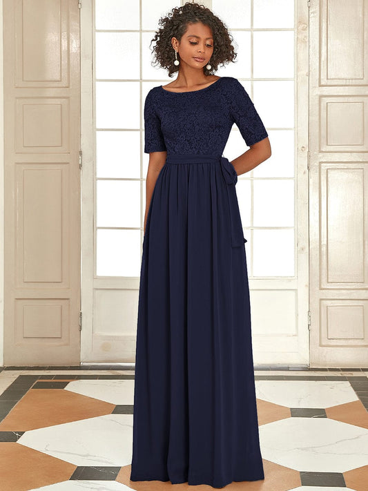 Elegant Lace Bodice Chiffon Maxi Evening Dress with Belt Mother of the bride Dresses Gowns