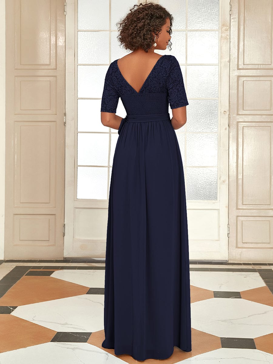 Elegant Lace Bodice Chiffon Maxi Evening Dress with Belt Mother of the bride Dresses Gowns