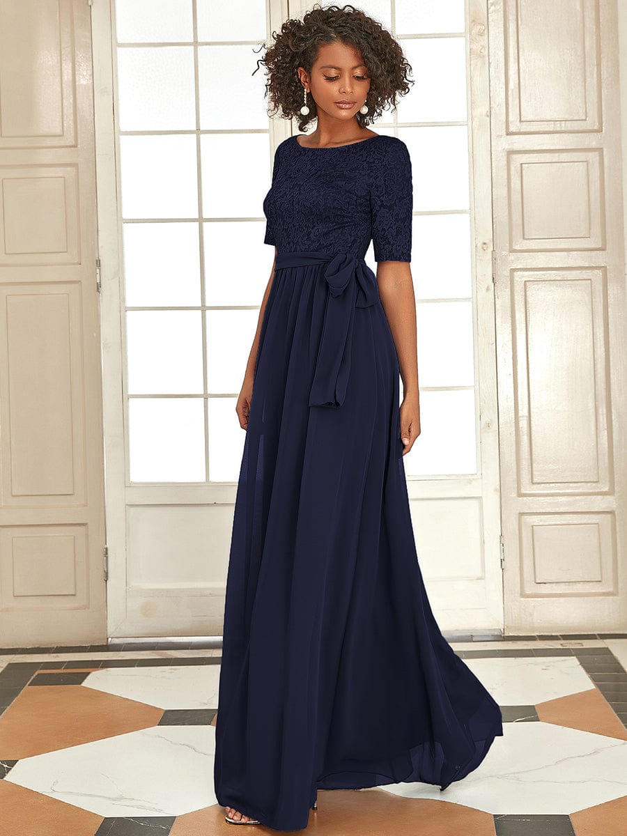 Elegant Lace Bodice Chiffon Maxi Evening Dress with Belt Mother of the bride Dresses Gowns