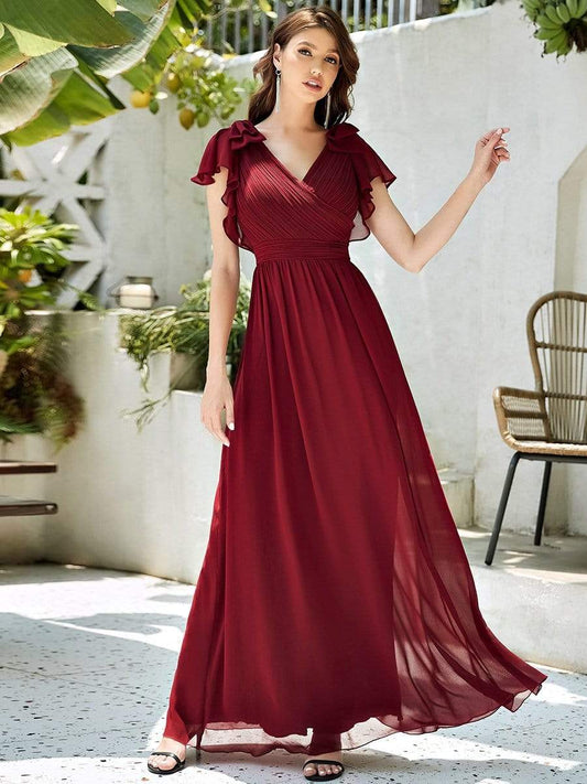 Elegantes plissiertes Mieder mit Rüschenärmeln aus Chiffon, Abendkleid, Abschlussball, formelle Kleider