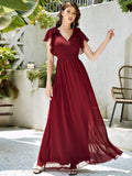 Elegantes plissiertes Mieder mit Rüschenärmeln aus Chiffon, Abendkleid, Abschlussball, formelle Kleider