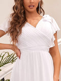 Elegantes plissiertes Mieder mit Rüschenärmeln aus Chiffon, Abendkleid, Abschlussball, formelle Kleider
