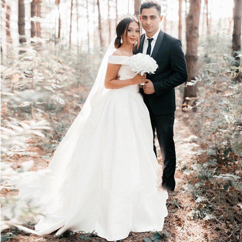 Ball Gown Satin Sweep Train White Wedding Dress with Sleeveless