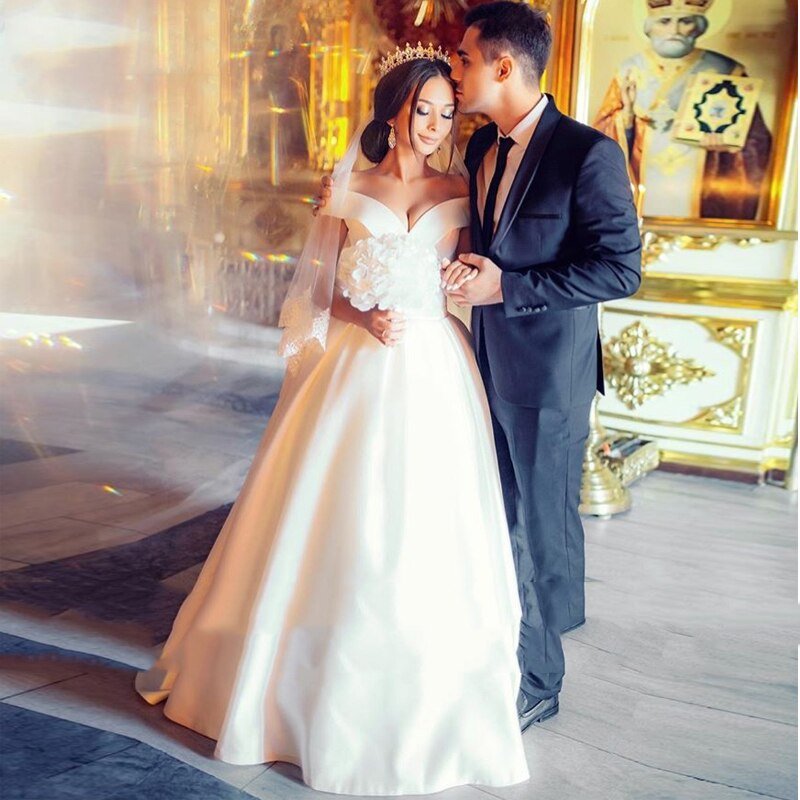 Ball Gown Satin Sweep Train White Wedding Dress with Sleeveless