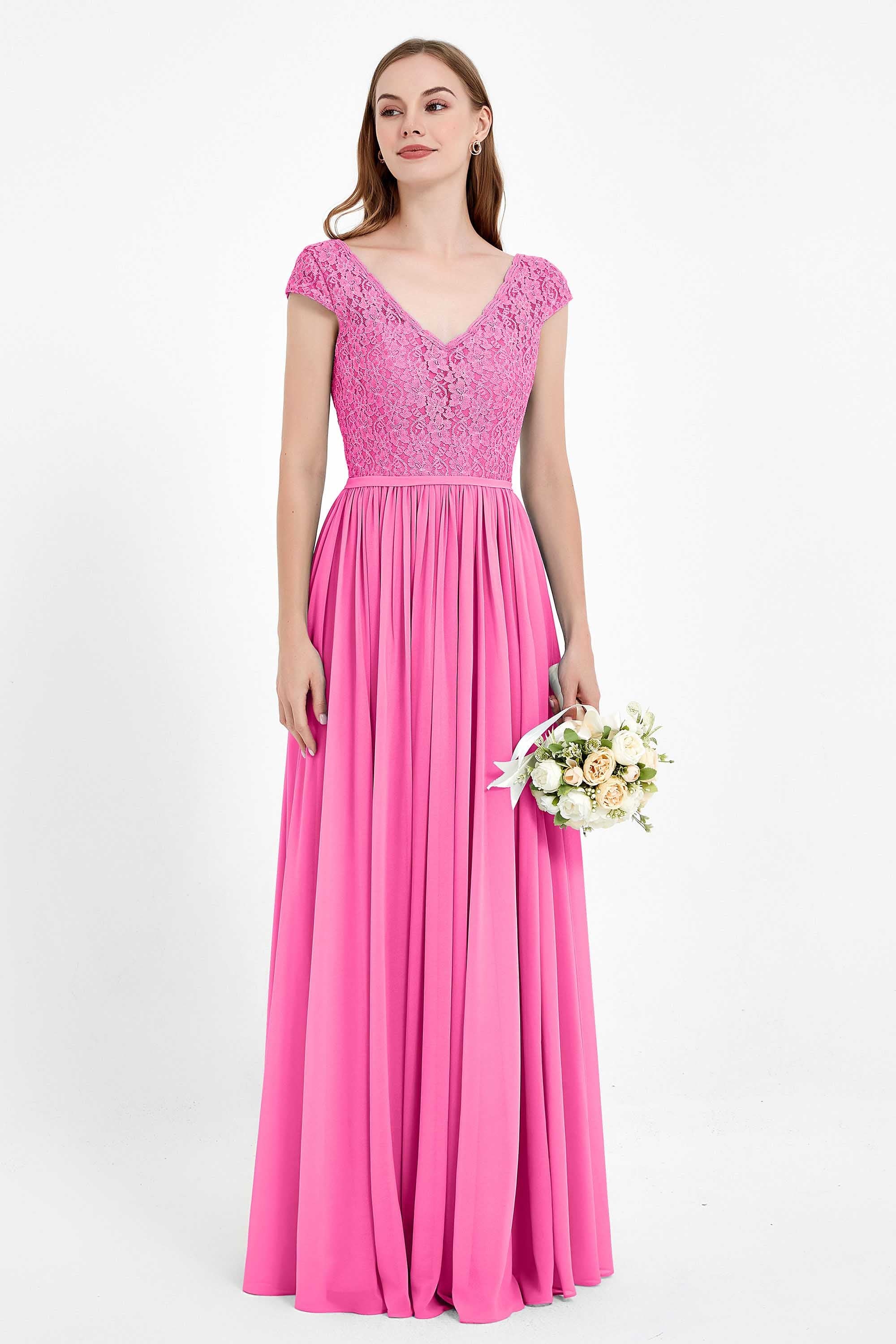 Cap Sleeves Ruched Chiffon Bridesmaid Dress Lace Formal Evening Party Dresses Gowns