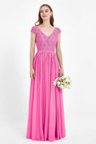 Cap Sleeves Ruched Chiffon Bridesmaid Dress Lace Formal Evening Party Dresses Gowns