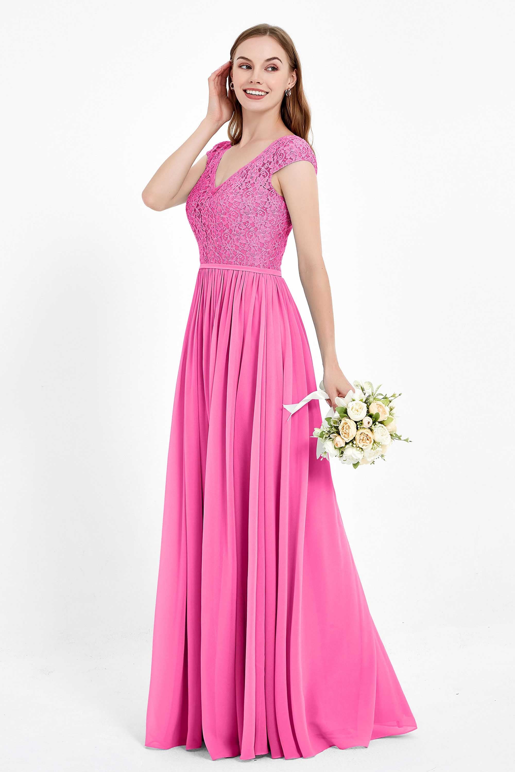 Cap Sleeves Ruched Chiffon Bridesmaid Dress Lace Formal Evening Party Dresses Gowns