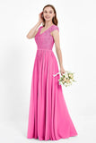 Cap Sleeves Ruched Chiffon Bridesmaid Dress Lace Formal Evening Party Dresses Gowns