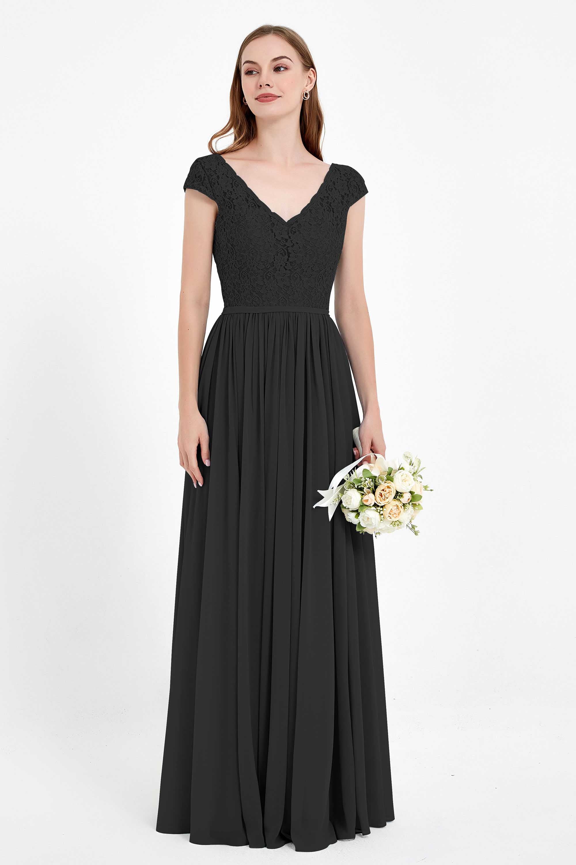 Cap Sleeves Ruched Chiffon Bridesmaid Dress Lace Formal Evening Party Dresses Gowns
