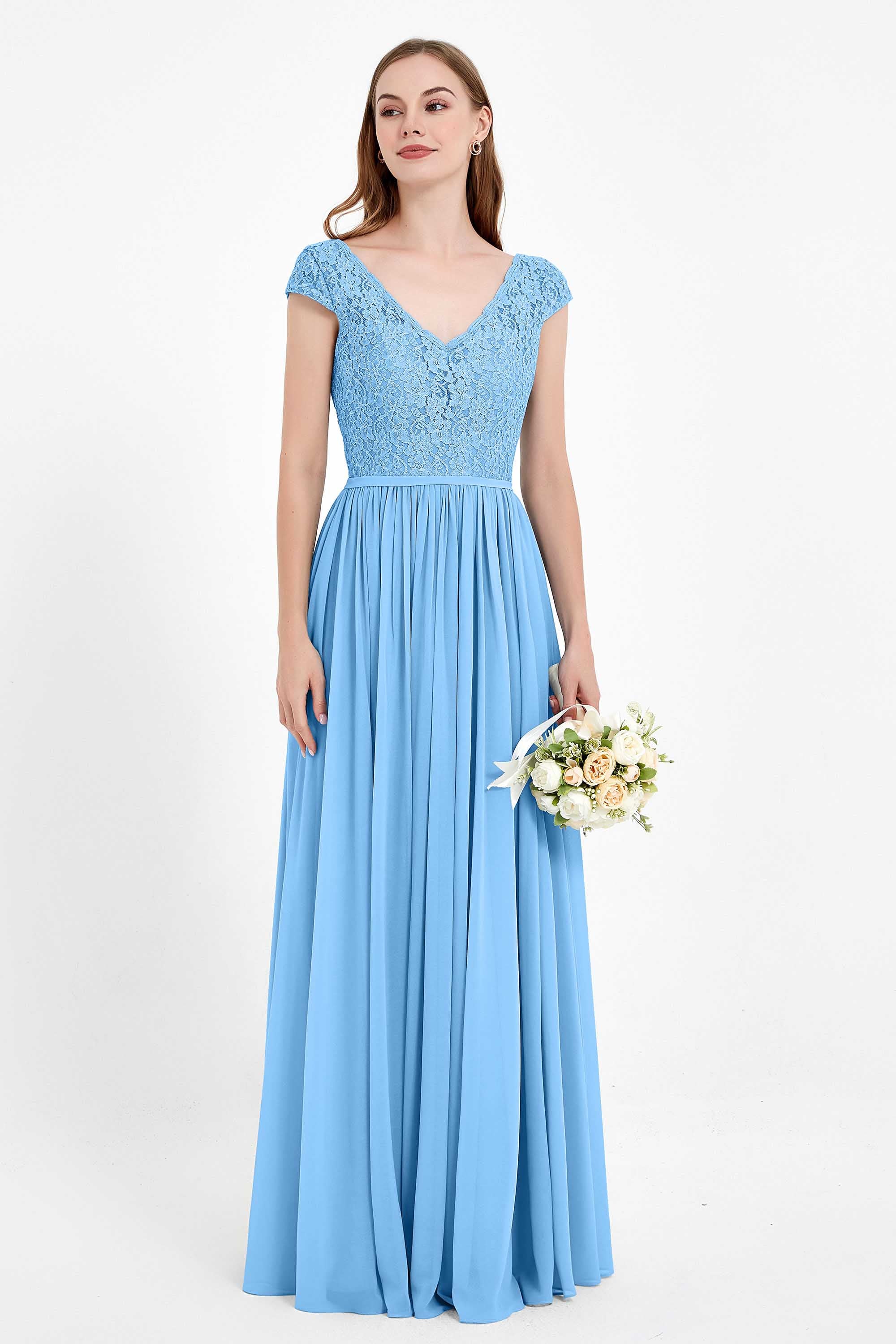Cap Sleeves Ruched Chiffon Bridesmaid Dress Lace Formal Evening Party Dresses Gowns