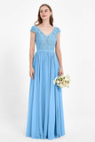 Cap Sleeves Ruched Chiffon Bridesmaid Dress Lace Formal Evening Party Dresses Gowns