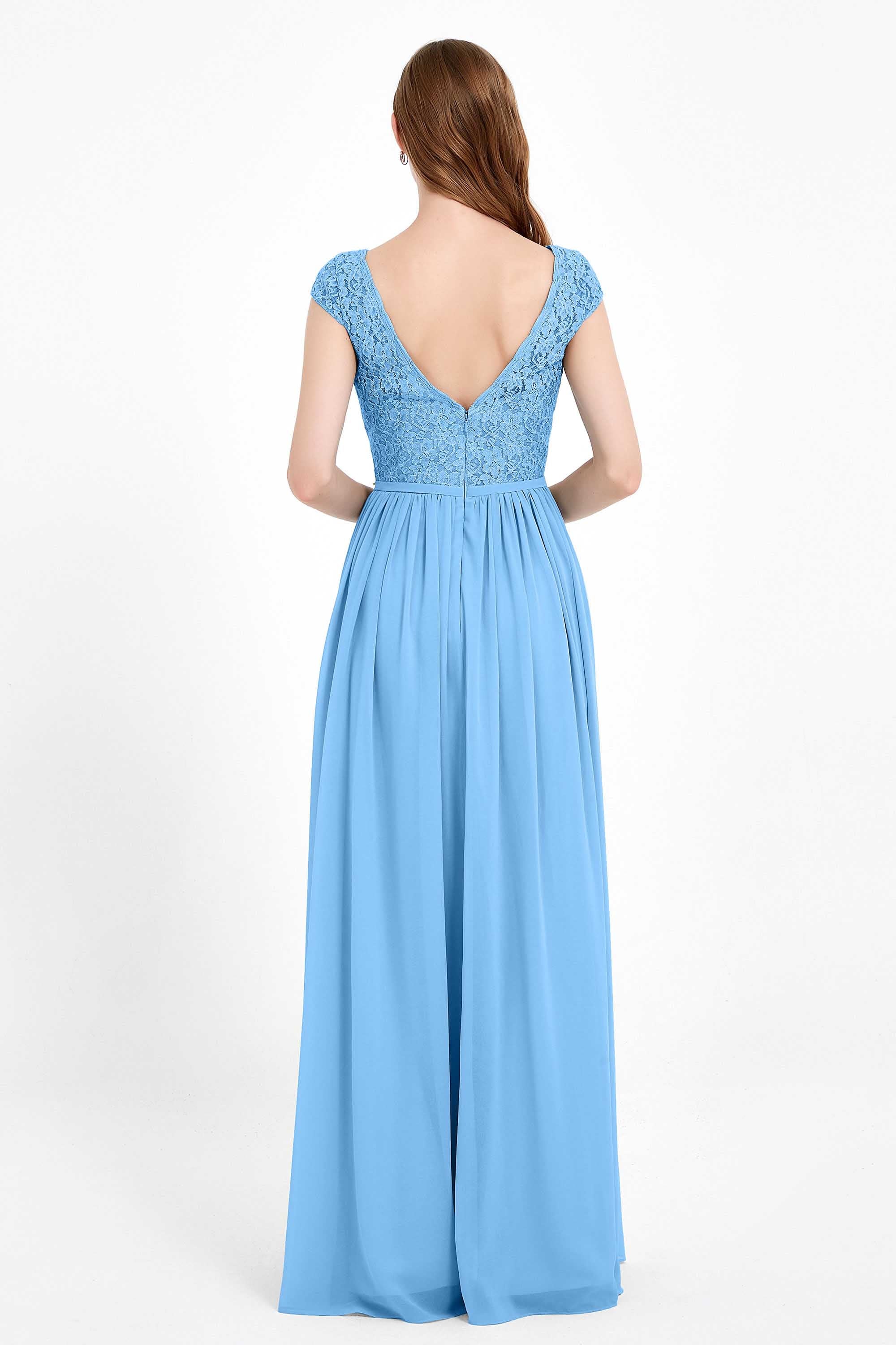 Cap Sleeves Ruched Chiffon Bridesmaid Dress Lace Formal Evening Party Dresses Gowns