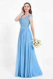 Cap Sleeves Ruched Chiffon Bridesmaid Dress Lace Formal Evening Party Dresses Gowns