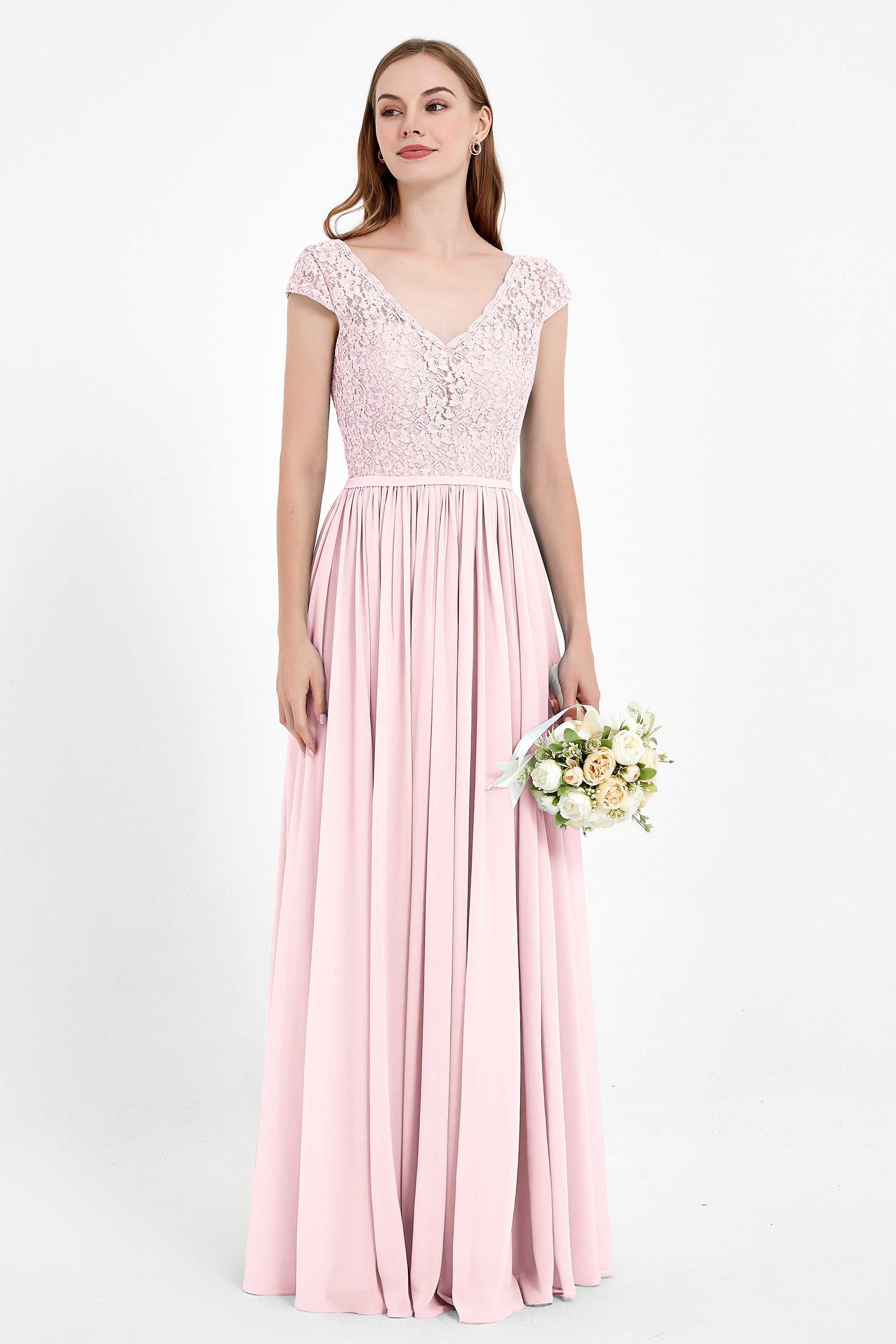 Cap Sleeves Ruched Chiffon Bridesmaid Dress Lace Formal Evening Party Dresses Gowns