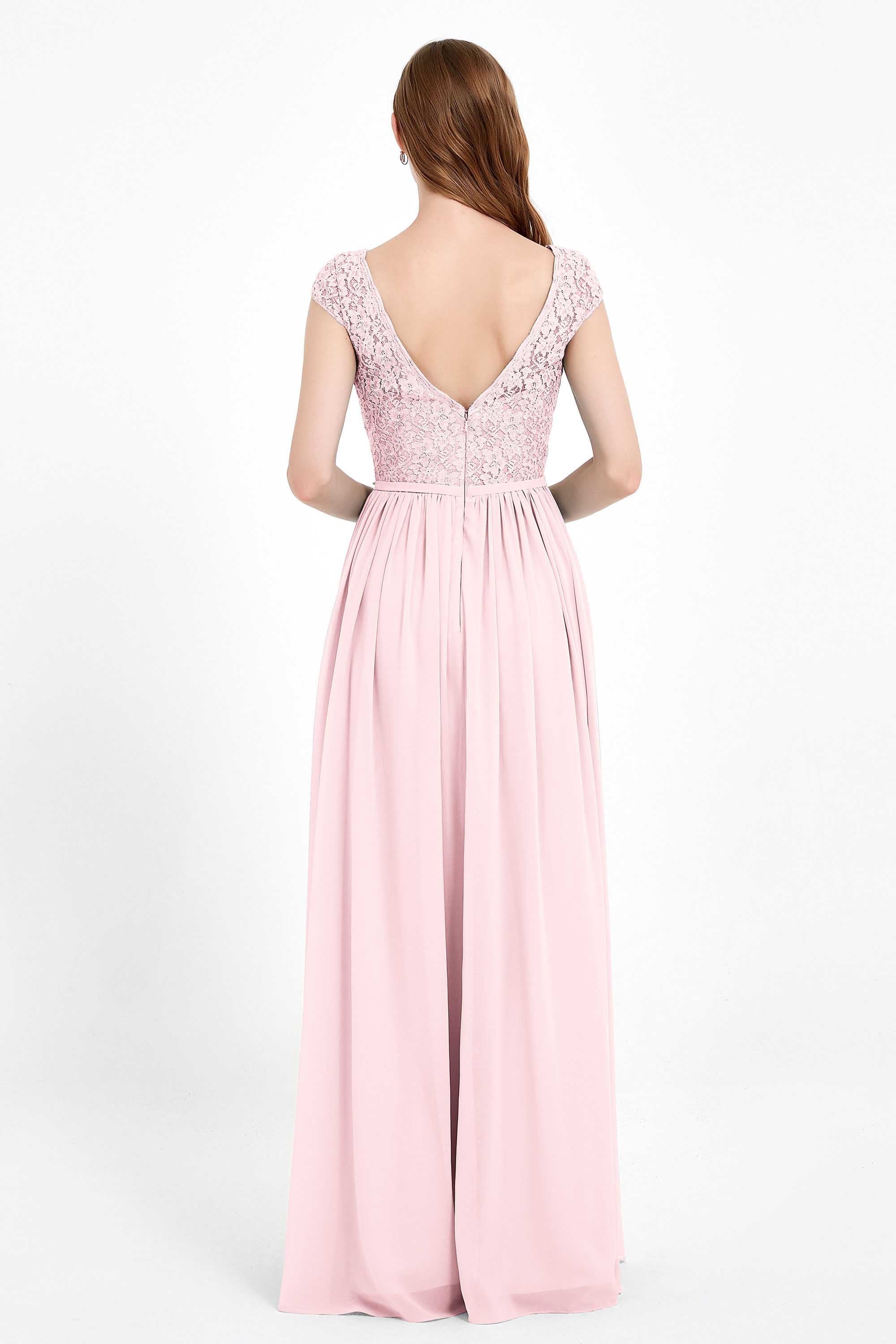 Cap Sleeves Ruched Chiffon Bridesmaid Dress Lace Formal Evening Party Dresses Gowns