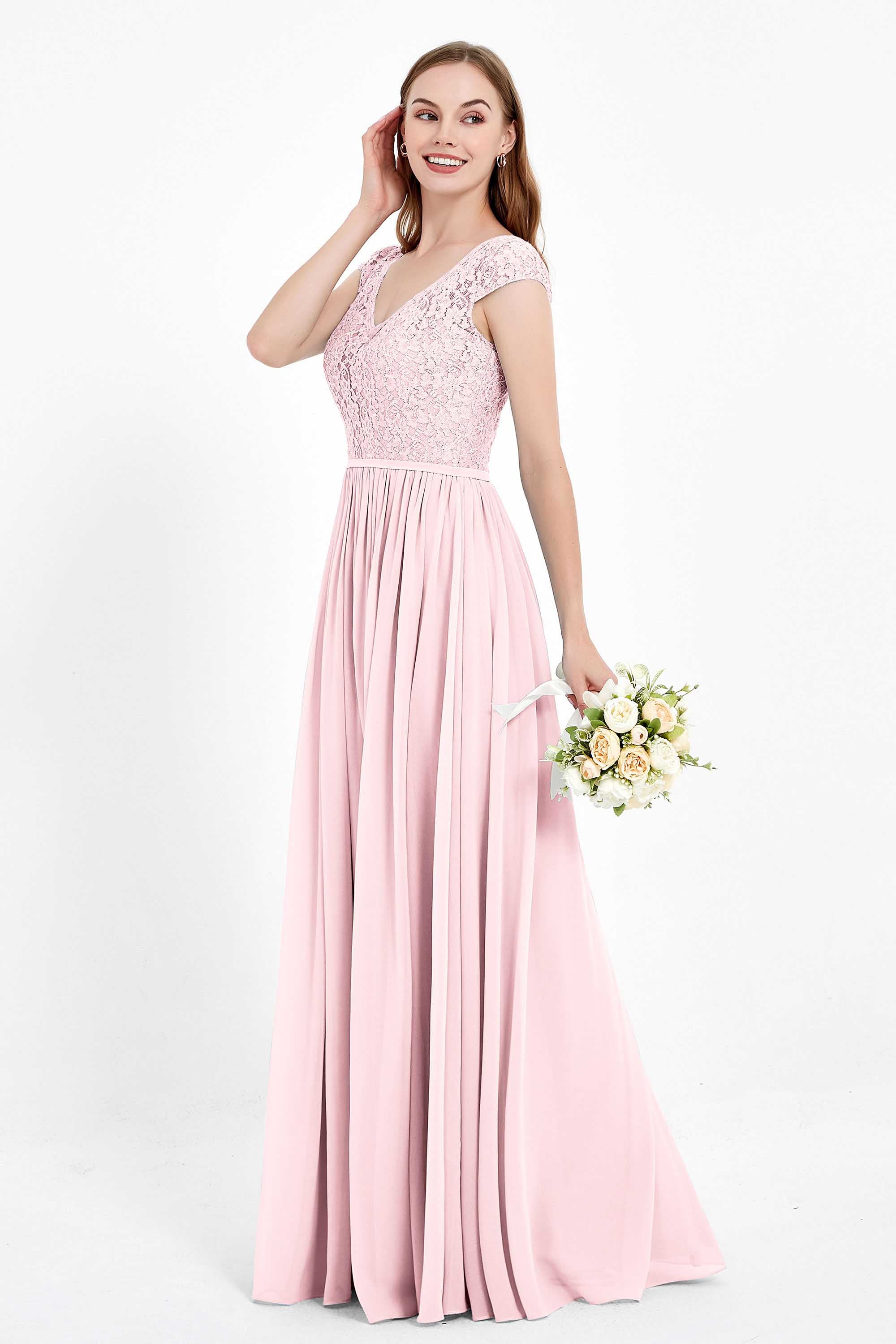Cap Sleeves Ruched Chiffon Bridesmaid Dress Lace Formal Evening Party Dresses Gowns
