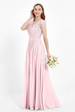 Cap Sleeves Ruched Chiffon Bridesmaid Dress Lace Formal Evening Party Dresses Gowns