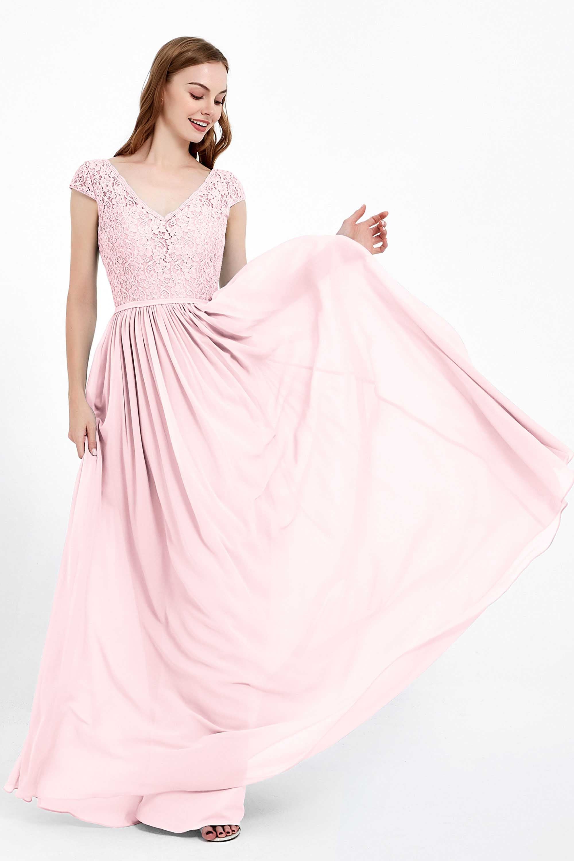 Cap Sleeves Ruched Chiffon Bridesmaid Dress Lace Formal Evening Party Dresses Gowns