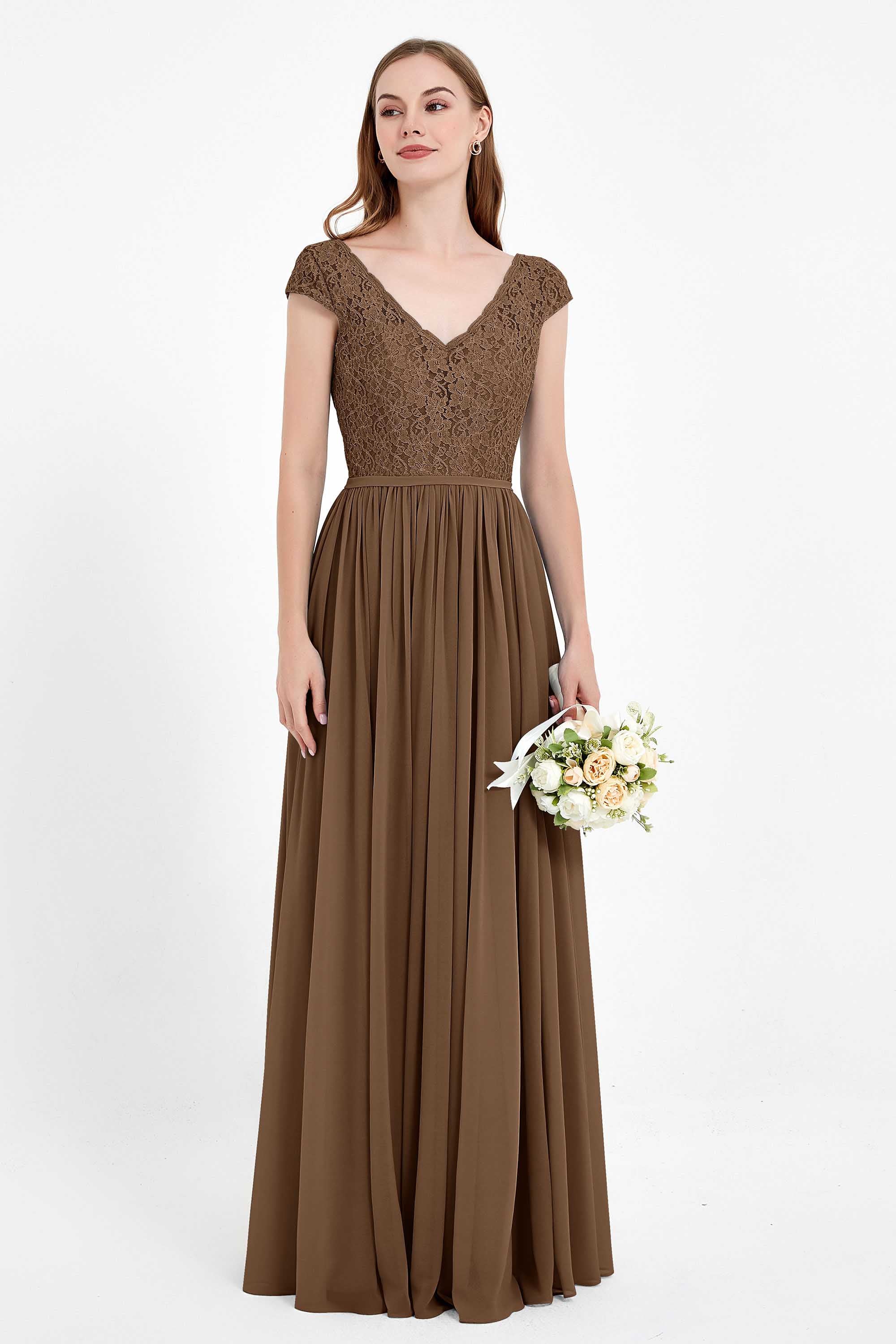 Cap Sleeves Ruched Chiffon Bridesmaid Dress Lace Formal Evening Party Dresses Gowns