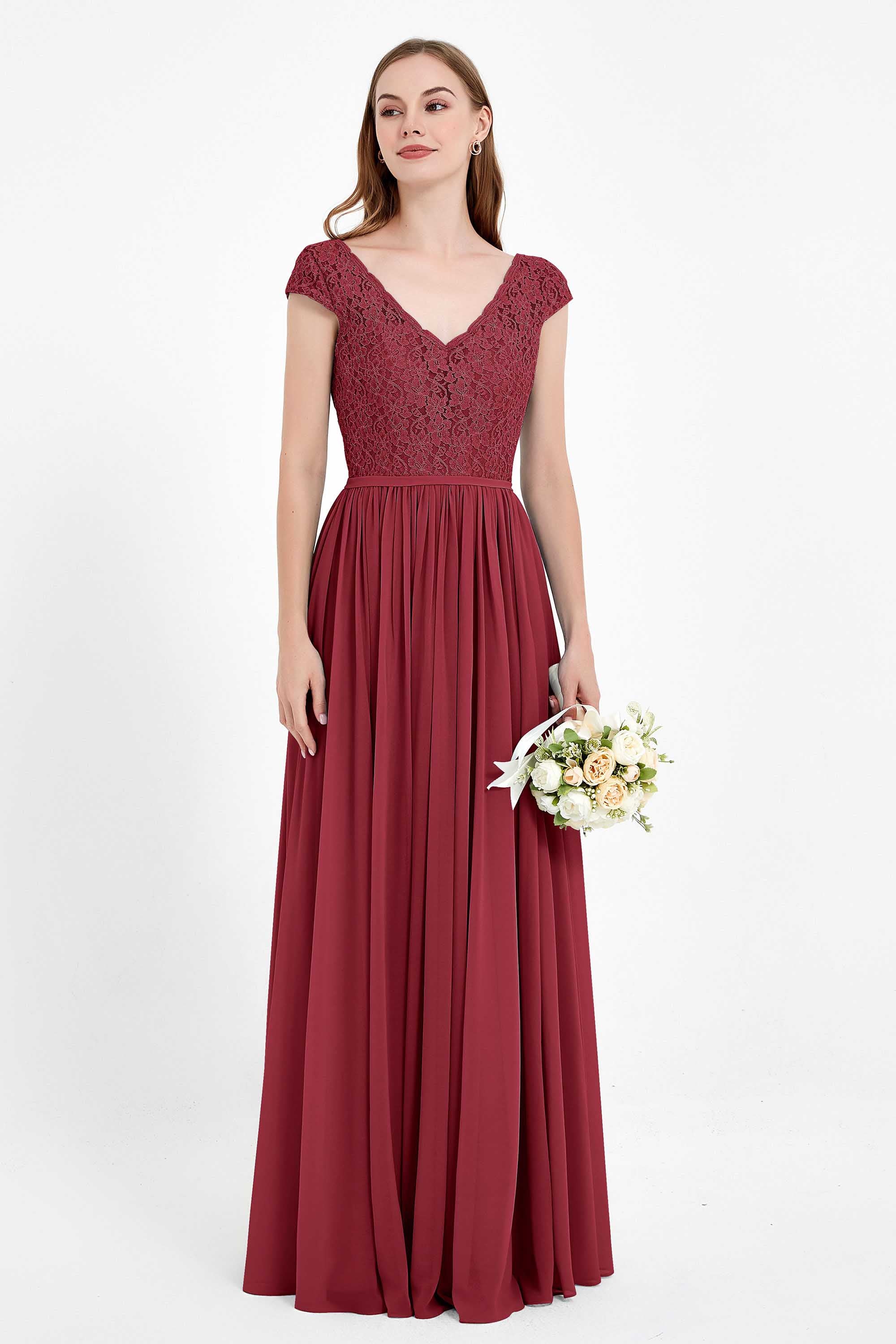 Cap Sleeves Ruched Chiffon Bridesmaid Dress Lace Formal Evening Party Dresses Gowns