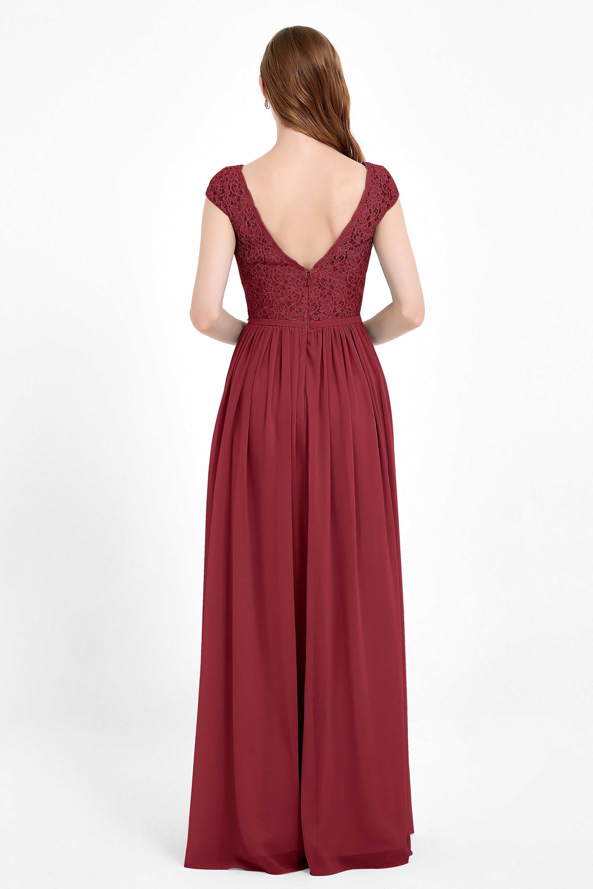Cap Sleeves Ruched Chiffon Bridesmaid Dress Lace Formal Evening Party Dresses Gowns