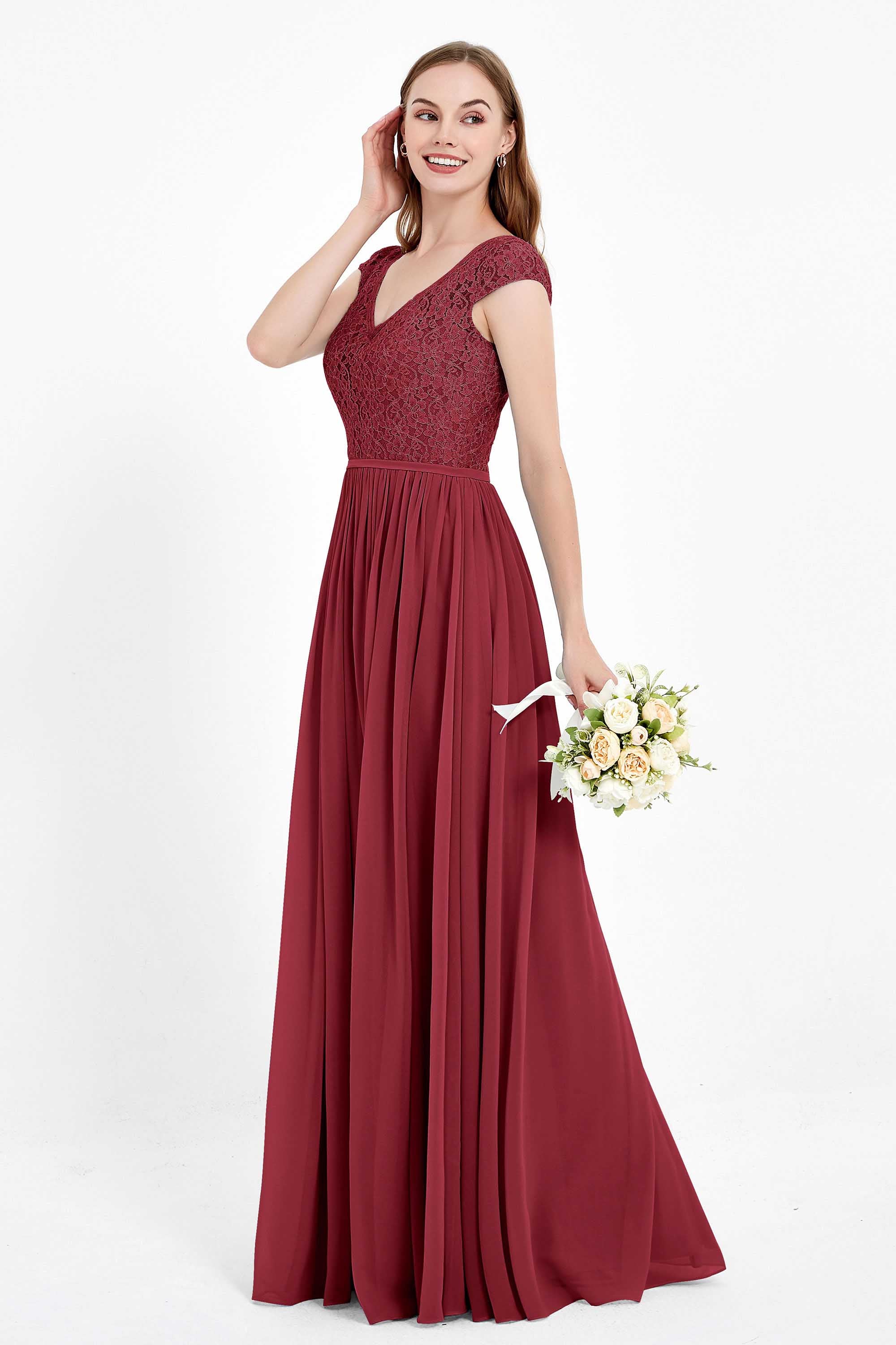 Cap Sleeves Ruched Chiffon Bridesmaid Dress Lace Formal Evening Party Dresses Gowns