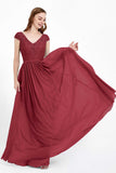 Cap Sleeves Ruched Chiffon Bridesmaid Dress Lace Formal Evening Party Dresses Gowns