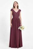 Cap Sleeves Ruched Chiffon Bridesmaid Dress Lace Formal Evening Party Dresses Gowns