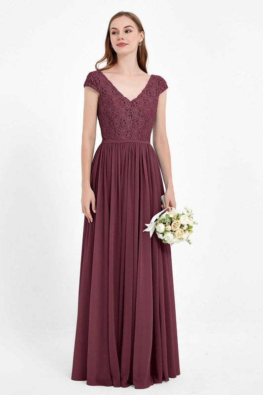 Cap Sleeves Ruched Chiffon Bridesmaid Dress Lace Formal Evening Party Dresses Gowns
