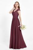 Cap Sleeves Ruched Chiffon Bridesmaid Dress Lace Formal Evening Party Dresses Gowns