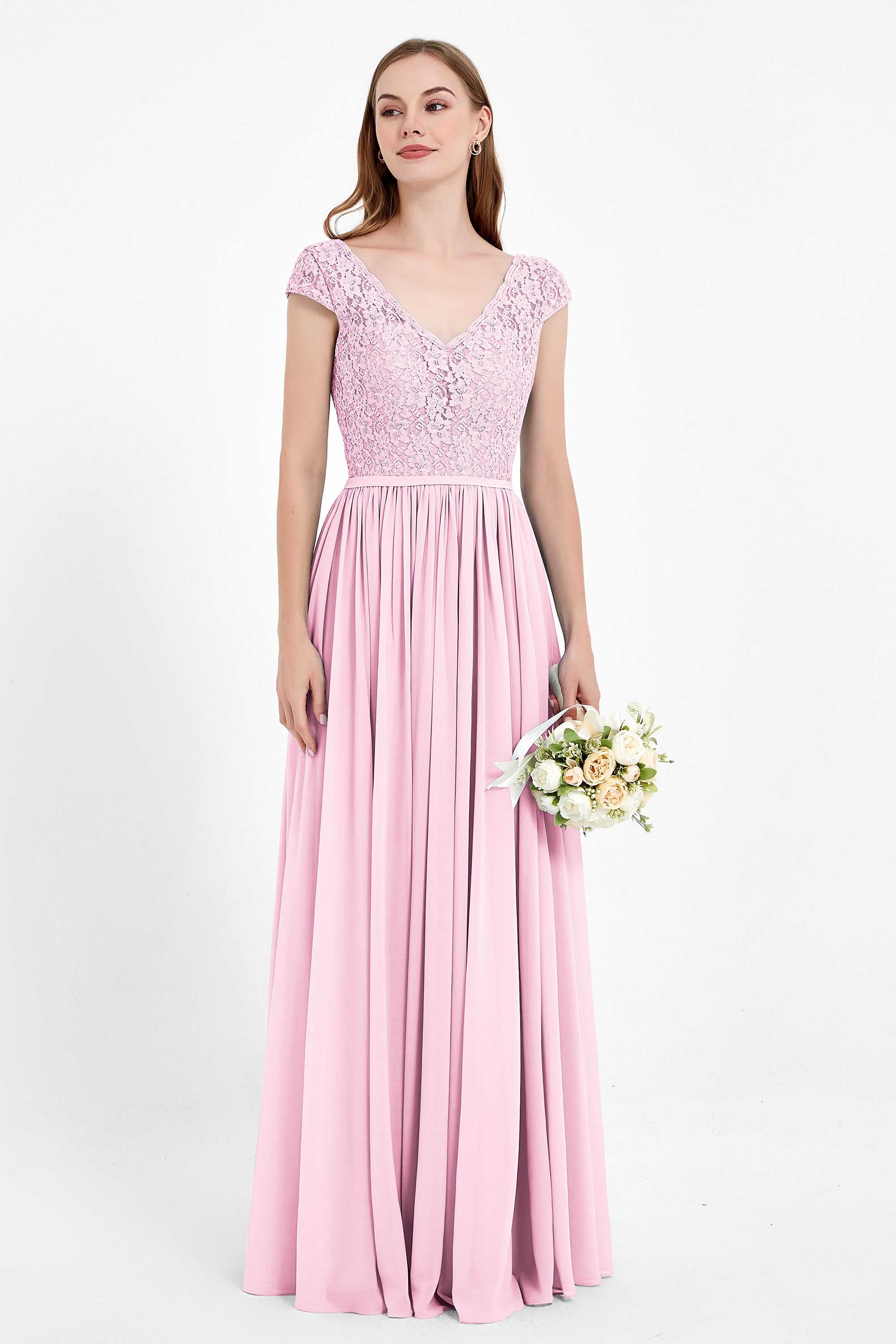 Cap Sleeves Ruched Chiffon Bridesmaid Dress Lace Formal Evening Party Dresses Gowns
