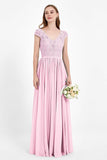 Cap Sleeves Ruched Chiffon Bridesmaid Dress Lace Formal Evening Party Dresses Gowns